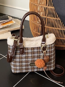 Women's Retro Plaid Bucket Bag PU Leather Faux Lamb Wool Shoulder Bag Autumn Winter Trendy Crossbody Bag With Pendant