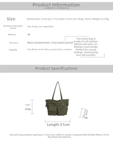 Detailed size chart for green PU tote bag showing dimensions 31x11x27cm and capacity