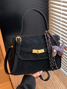 Women's Vintage Matte PU Leather Underarm Bag High Capacity Crossbody Square Bag With Animal Dog Charm For Daily Commuting