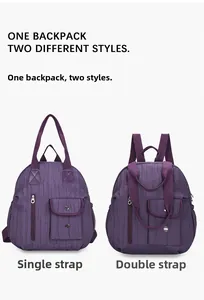 Purple nylon backpack with dual handles and side view of water-resistant fabric details
