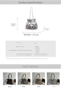 Quilted bucket bag dimensions 31x30x9cm with color options in black, grey, gold, and silver