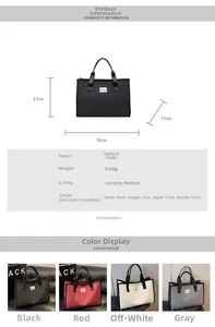 Detailed dimension guide and color options for large capacity canvas tote bags