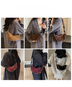 Collage of model carrying various colored suede dumpling bags from different angles
