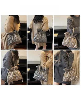 Silver metallic quilted drawstring bucket bag shown in multiple lifestyle model views