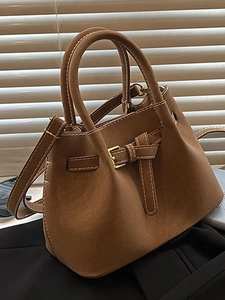 French Retro PU Leather Bucket Bag For Women High-End Contrast Stitching Handbag Fashion Commute Crossbody Bag With Strap