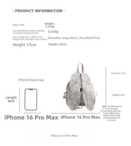 Detailed size guide of the retro tote bag with dimensions and phone size comparison