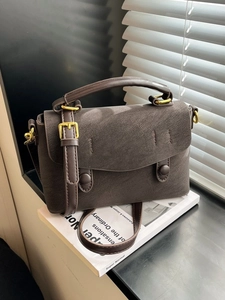 Chic dark brown faux leather crossbody square bag with top handle and golden hardware