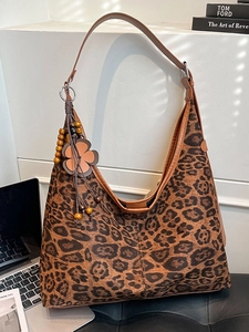 Women Fashion Leopard Print Faux Suede Crossbody Bag Large Capacity Hobo Shoulder Bag With Flower Pendant Bohemian Commute Bag