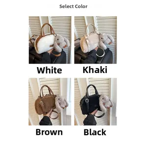 Detail view of mini plush faux fur handbags in white, khaki, brown, and black options