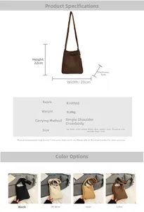 Detailed knit shoulder bag size chart showing dimensions and four classic color options