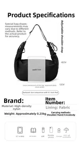 Detailed size and capacity chart for the large nylon crossbody crescent bag showing dimensions