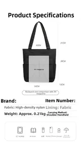 Detailed size chart for black nylon tote bag showing dimensions and strap height