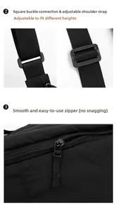 Detail of adjustable nylon shoulder strap with plastic buckle and smooth black zipper