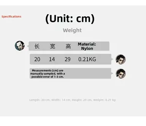 Size chart showing dimensions 20x14x29cm and 0.21kg weight for the nylon crossbody bag