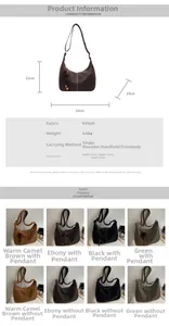 Detailed size chart of large minimalist suede shoulder bag with dimensions and material info