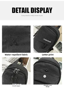 Close-up of black and white plaid chest bag with water-resistant fabric and smooth zippers