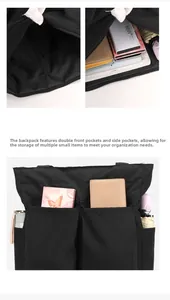 Detail view of black commuter tote showing multi-pocket storage and large inner capacity