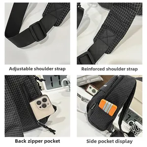 Detail of adjustable strap, reinforced stitching, and back zipper on checkered nylon bag
