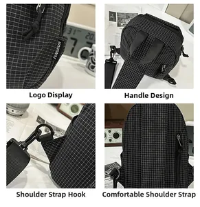 Detail view of checkered shoulder bag with metal hook, brand tag and padded strap