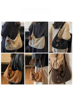 Detailed view of large retro tote bags in six colors with stylish plush charms