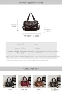 Detailed size chart and specifications for large capacity vintage PU leather tote bag