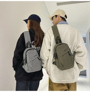 Detail showing checkered plaid fabric and back view of casual crossbody chest bags