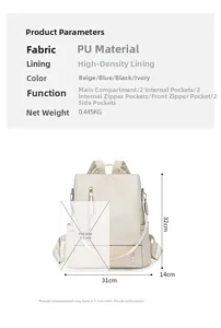 Detailed view showing the large internal capacity of this beige PU women's backpack