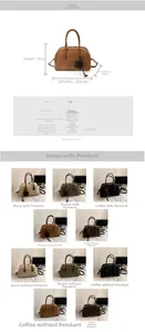 Close-up of vintage faux leather pillow bag with plush ball charm and color options