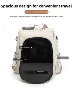 Detailed view of large capacity beige backpack interior with multiple storage pockets