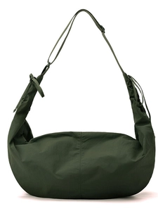 Dark green nylon crescent crossbody bag with adjustable strap and side drawstrings