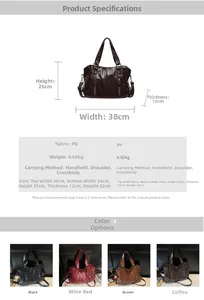 Tableau des tailles détaillé pour sac fourre-tout en cuir PU avec dimensions et coloris