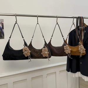 Chic retro crescent shoulder bags in matte suede with cute teddy bear charms