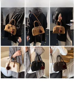 Collage of fashion pillow bags showing versatile carrying styles and pompom detail