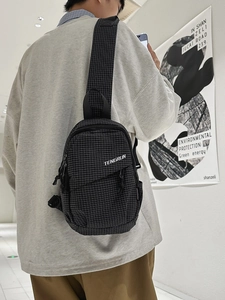 Modern black checkered crossbody chest bag with TENGRUN logo for casual daily wear