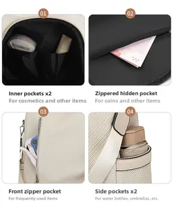 Detail view of interior compartments and storage pockets of this cream woven backpack