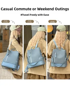 Close-up of light blue versatile backpack showing shoulder and backpack wearing styles