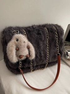 Borsa Tote in Peluche Finta Pelliccia da Donna Grande Capacità Ciondolo a Coniglio Borsa a Spalla Tracolla Con Catena Metallo Autunno Inverno