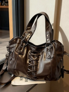 Vintage Punk Rivet Large Capacity PU Leather Tote Bag Corset Lace-up Shoulder Crossbody Bag For Women Daily Commute