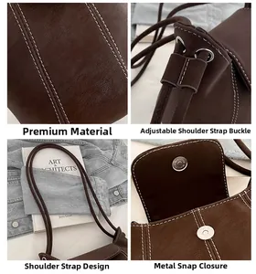Detail view of dark brown bucket bag showing contrast stitching and metal magnetic clasp