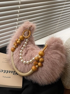 Sac Sous le Bras en Fausse Fourrure pour Femmes Künstliche Perles de Bois Chaîne de Künstliche Perles Peluche Hiver Sac à Main Hobo Rétro