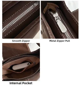 Detail of smooth metal zipper and internal pocket of the vintage brown bucket bag