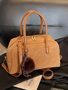 Vintage Boston Bag Large Capacity Shoulder Bag Women PU Leather Handbag Retro Commuter Satchel With Pompom Decoration