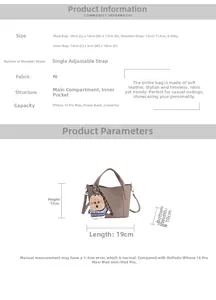 Size chart showing dimensions and PU leather details of the large bucket tote bag
