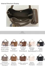 Detail view of large capacity litchi pattern bucket bag with internal pouch and teddy charm