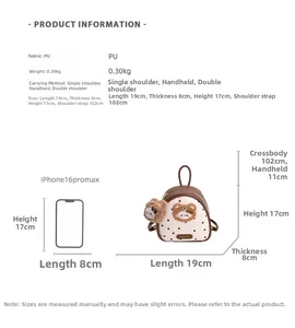 Size comparison of white polka dot PU mini backpack with phone and product specifications