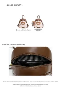 Detail view of brown bear backpack with striped lining and zipper pocket interior