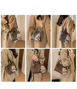 Detailed views of leather bucket bag styled with a teddy bear charm and winter coat