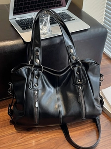 Sac Fourre-tout en Cuir PU Souple Vintage Grande Capacité pour Femmes Sac à Bandoulière Mode avec Fermetures Éclair et Rivets