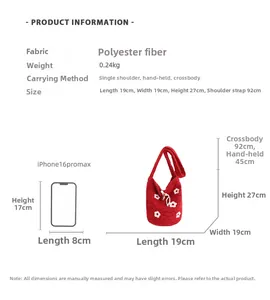 Detail view of red floral knit bucket bag with white drawstring and size dimensions