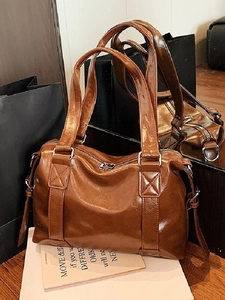 Vintage PU Leather Large Capacity Tote Bag For Women Retro Solid Color Shoulder Crossbody Bag Fashion Commuter Handbag